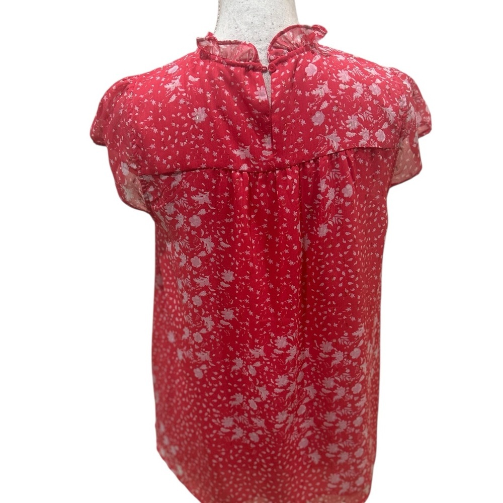 Joie cranberry pink chiffon Floral ruffle neck short sleeve Blouse size small - Picture 7 of 10